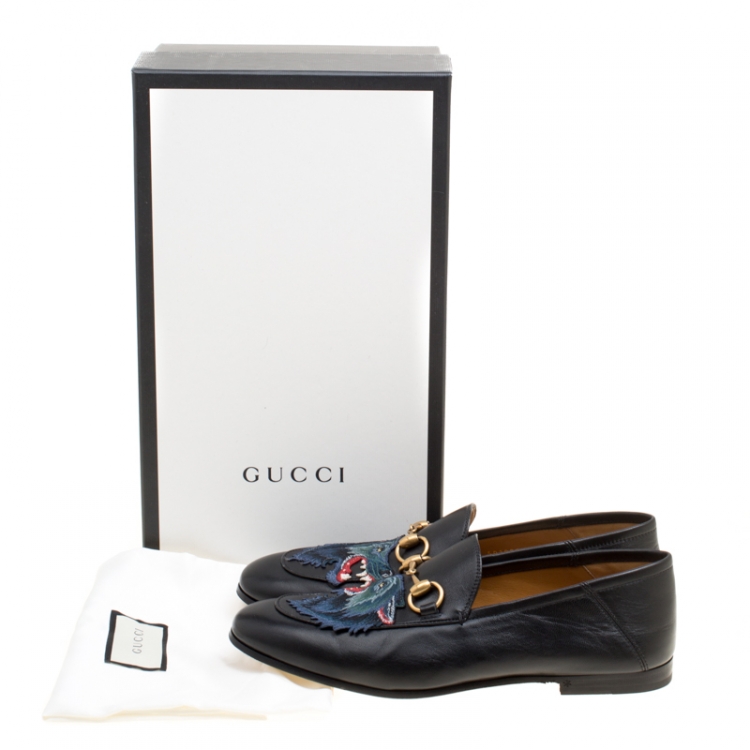 Pre Owned Gucci Black Leather Horsebit Applique Wolf Detail Loafers Size 40.5