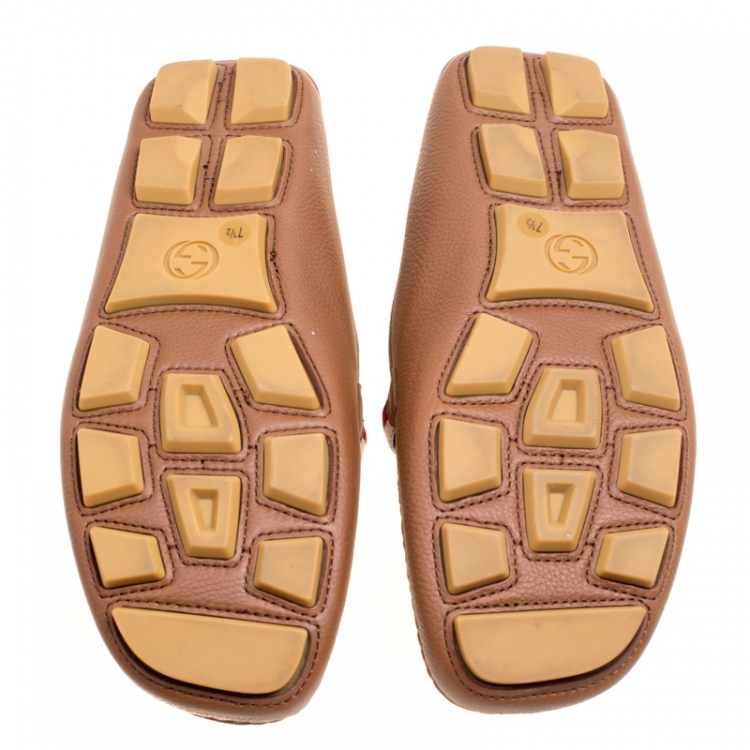 Pre Owned Gucci Brown Leather Web Buckle Driver Loafers Size 41.5