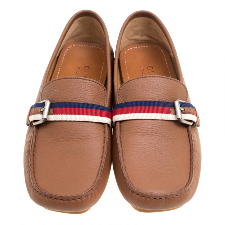 Pre Owned Gucci Brown Leather Web Buckle Driver Loafers Size 41.5