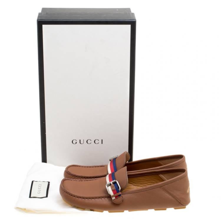Pre Owned Gucci Brown Leather Web Buckle Driver Loafers Size 41.5