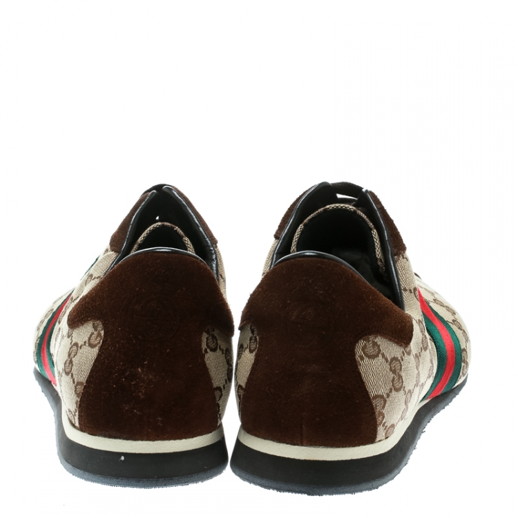 Pre Owned Gucci Beige Canvas and Suede Guccisima Web Detail Sneakers Size 46.5