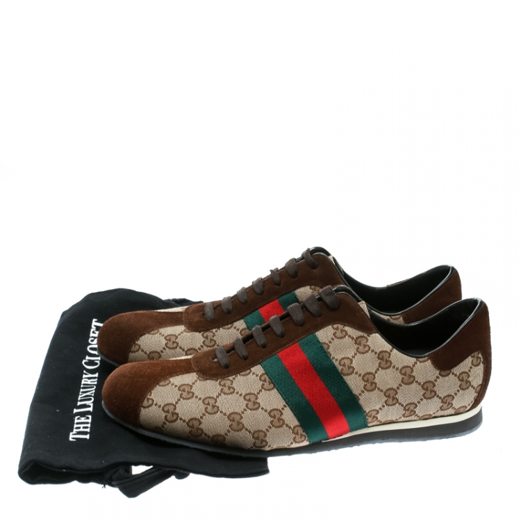 Pre Owned Gucci Beige Canvas and Suede Guccisima Web Detail Sneakers Size 46.5