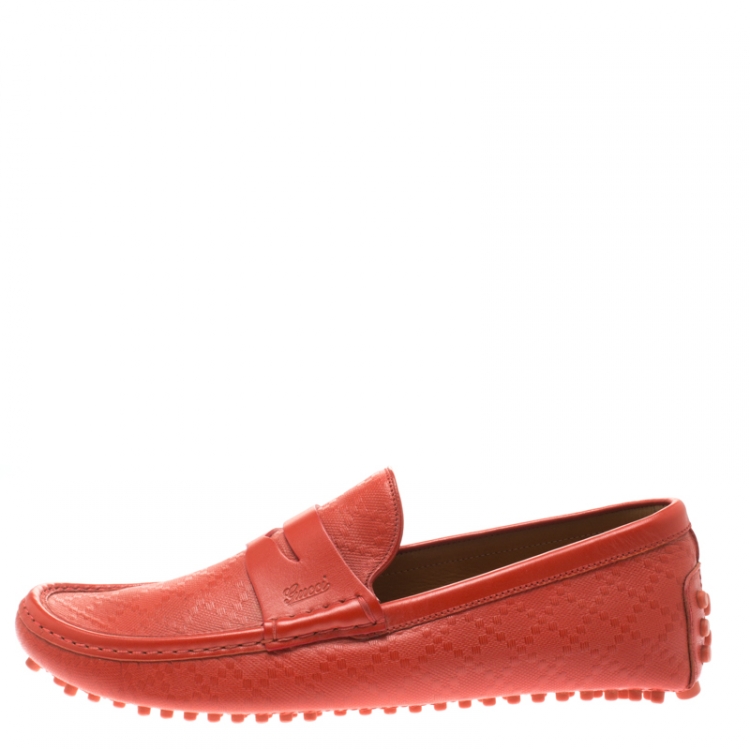 Pre Owned Gucci Orange Diamante Leather Driver Loafers Size 42.5