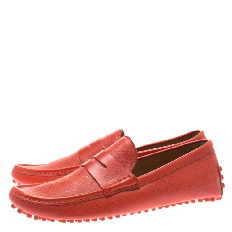 Pre Owned Gucci Orange Diamante Leather Driver Loafers Size 42.5