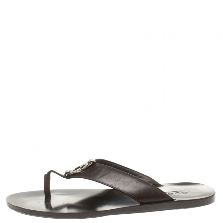 Pre Owned Gucci Brown Leather GG Thong Slipper Sandals Size 40