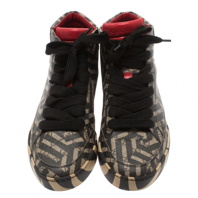 Pre Owned  Gucci Beige And Brown Monogram Canvas Caleido High Top Sneakers Size 42.5