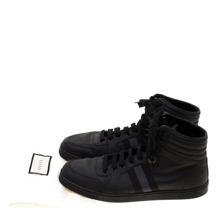 Pre Owned Gucci Black Leather Gucci Viaggio Web Detail High Top Sneakers Size 42