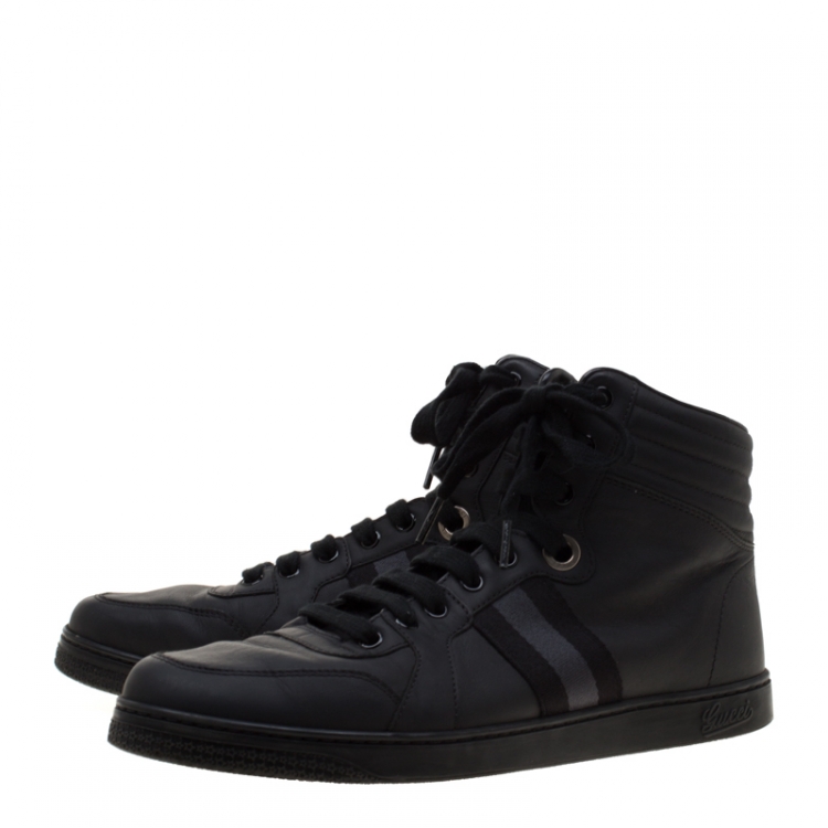 Pre Owned Gucci Black Leather Gucci Viaggio Web Detail High Top Sneakers Size 42