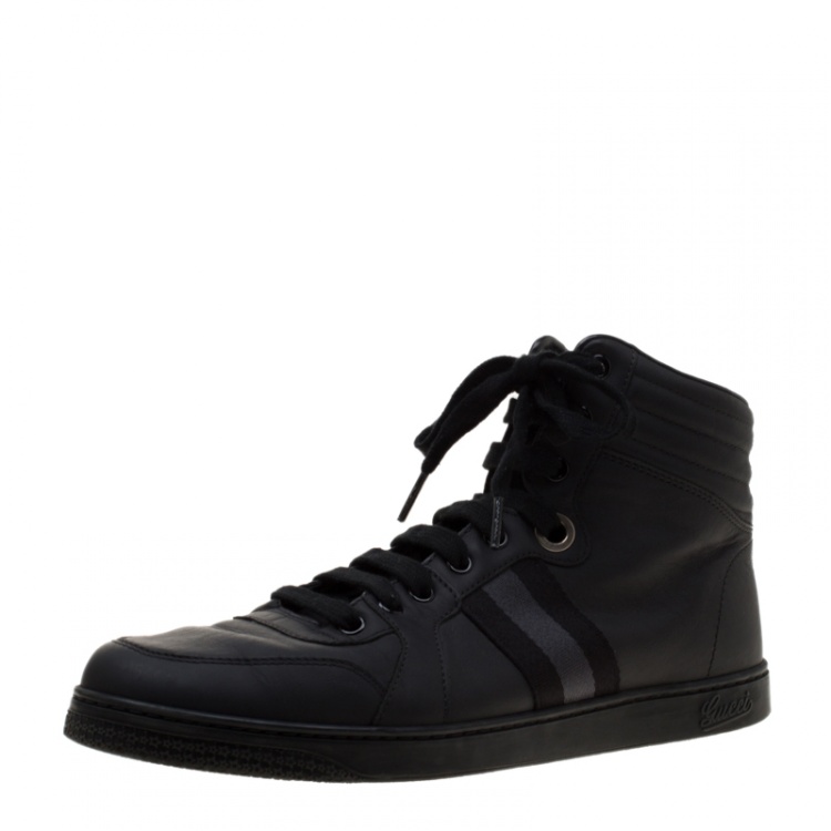 Pre Owned Gucci Black Leather Gucci Viaggio Web Detail High Top Sneakers Size 42