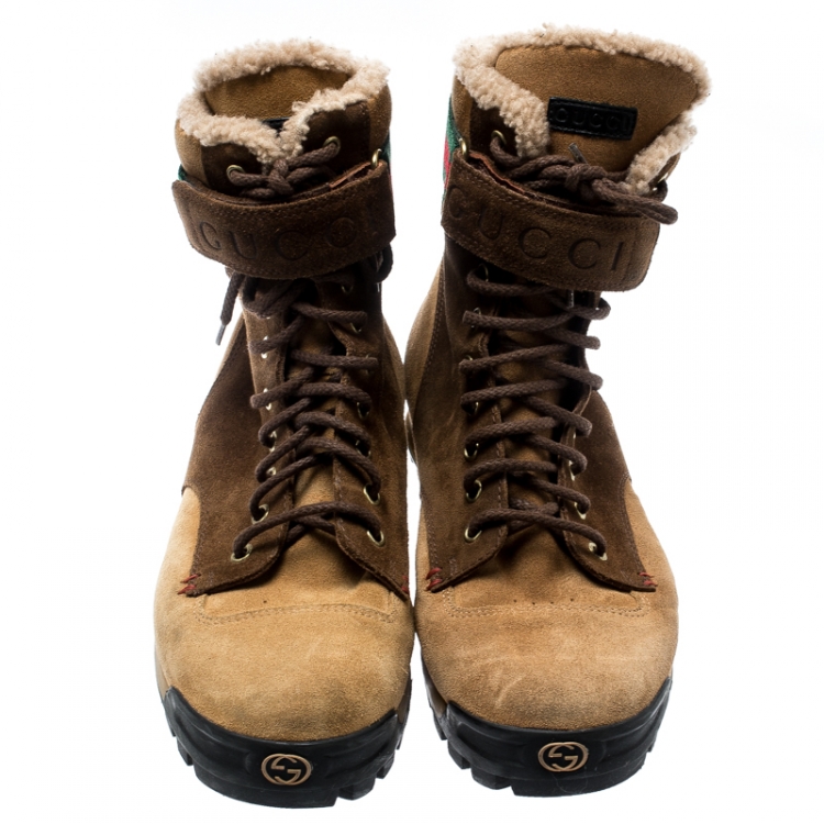 Pre Owned Gucci Beige/Brown Suede Lace Up Shearling Lined Combat Boots Size 42
