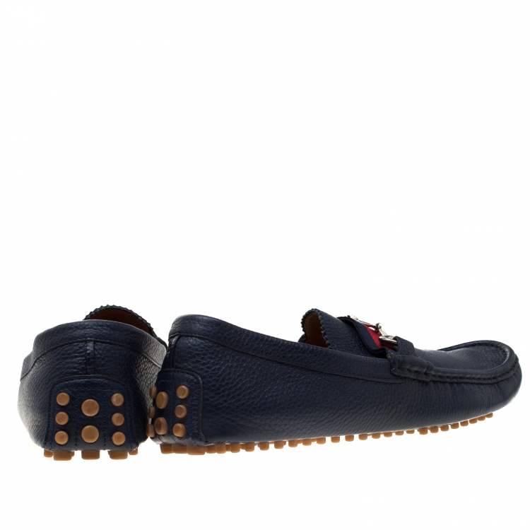 Pre Owned Gucci Blue Leather Web Horsebit Detail Slip On Loafer Size 42 