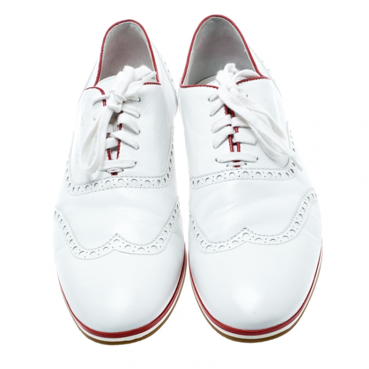 Pre Owned Gucci White Brogue Leather Lace Up Sneakers Size 41.5