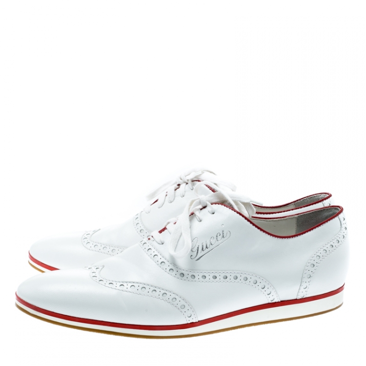 Pre Owned Gucci White Brogue Leather Lace Up Sneakers Size 41.5