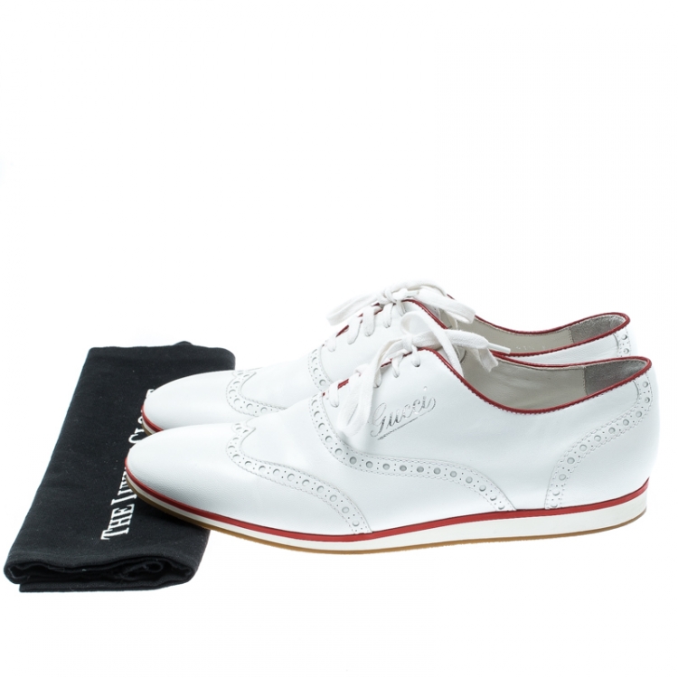 Pre Owned Gucci White Brogue Leather Lace Up Sneakers Size 41.5