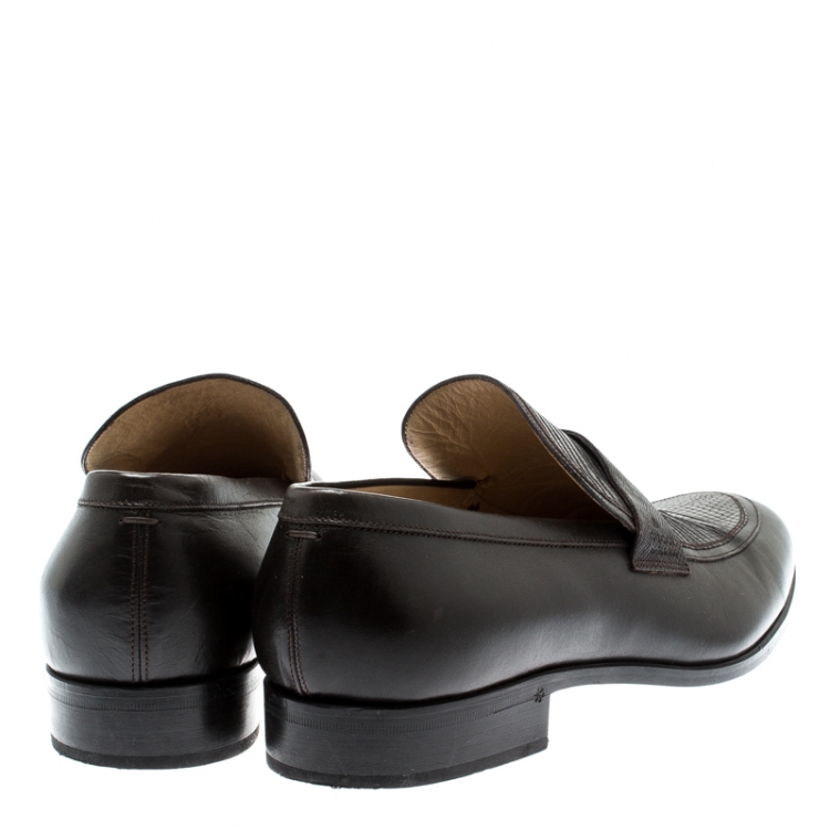 Pre Owned Gucci Brown Leather And Lizard Leather Loafers Size 41