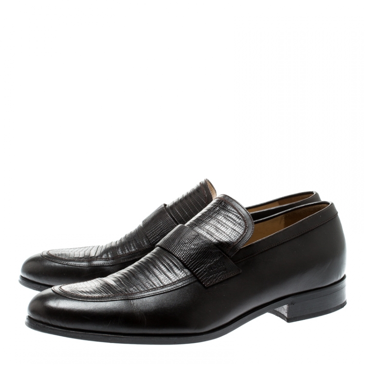 Pre Owned Gucci Brown Leather And Lizard Leather Loafers Size 41