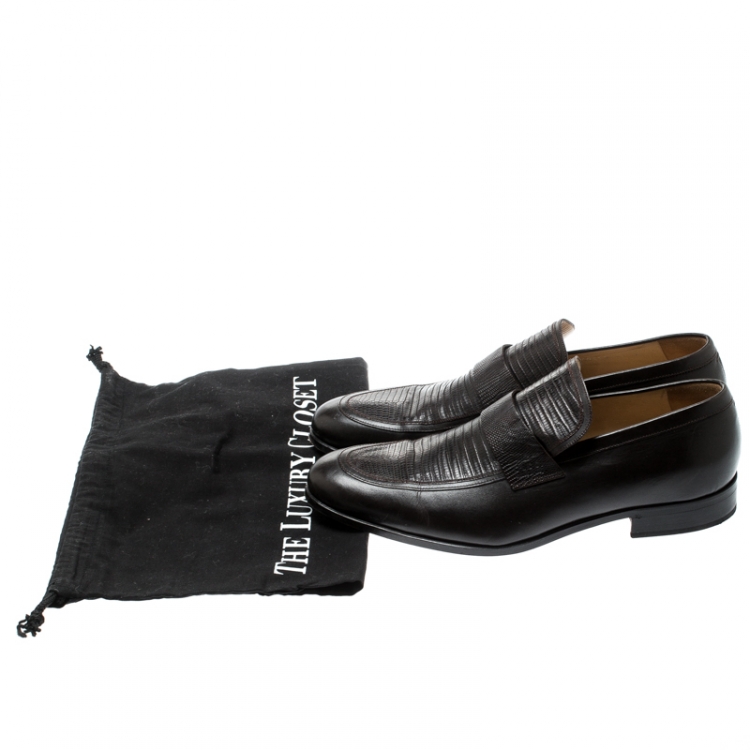 Pre Owned Gucci Brown Leather And Lizard Leather Loafers Size 41