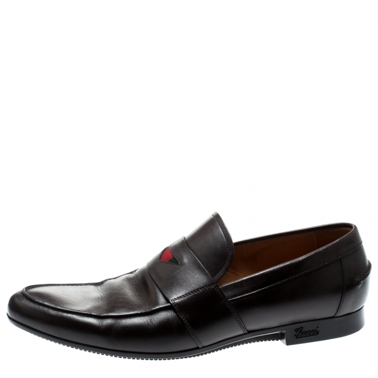 Pre Owned Gucci Brown Leather Web Detail Loafers Size 44