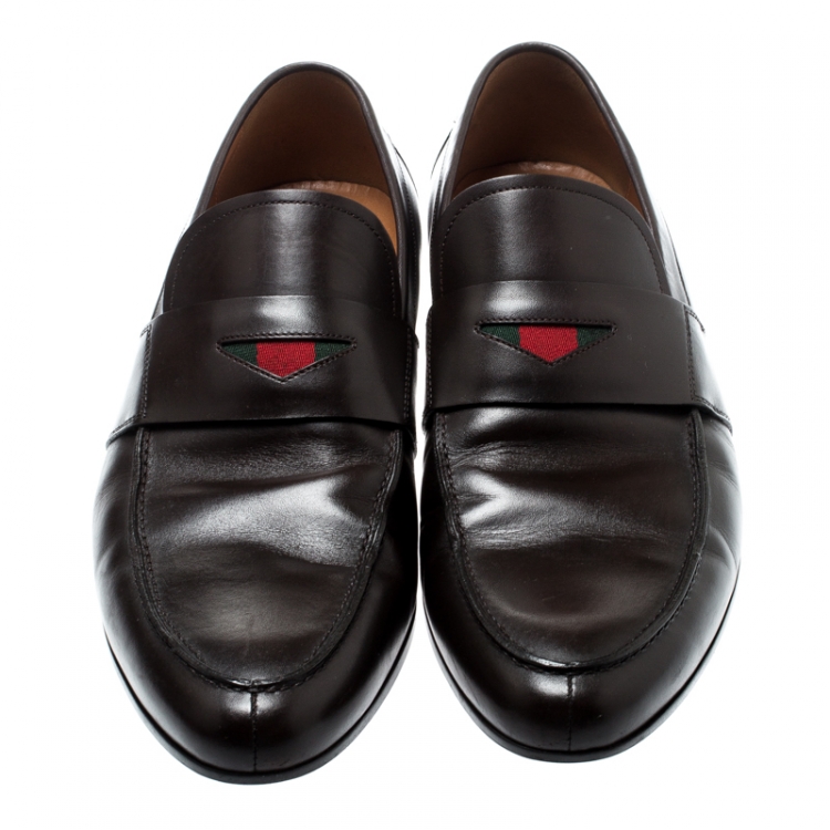 Pre Owned Gucci Brown Leather Web Detail Loafers Size 44