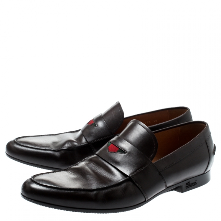Pre Owned Gucci Brown Leather Web Detail Loafers Size 44