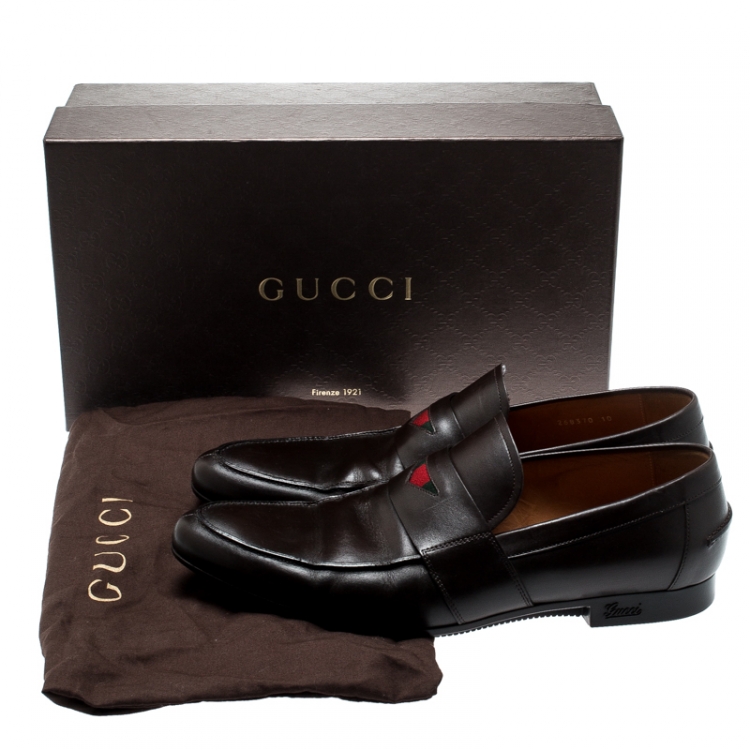 Pre Owned Gucci Brown Leather Web Detail Loafers Size 44