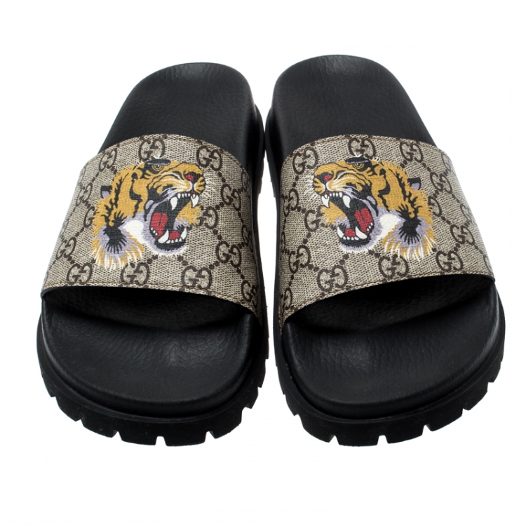 Pre Owned Gucci Beige GG Supreme Canvas Tiger Print Sandals Size 43
