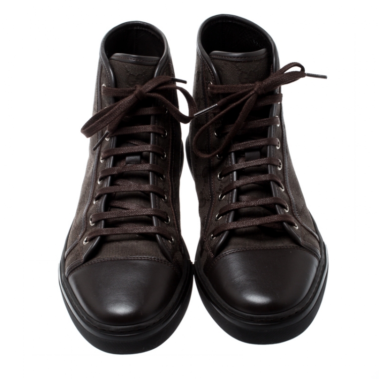 Pre Owned   Gucci Brown GG Canvas And Leather Lace Up High Top Sneakers Size 41.5