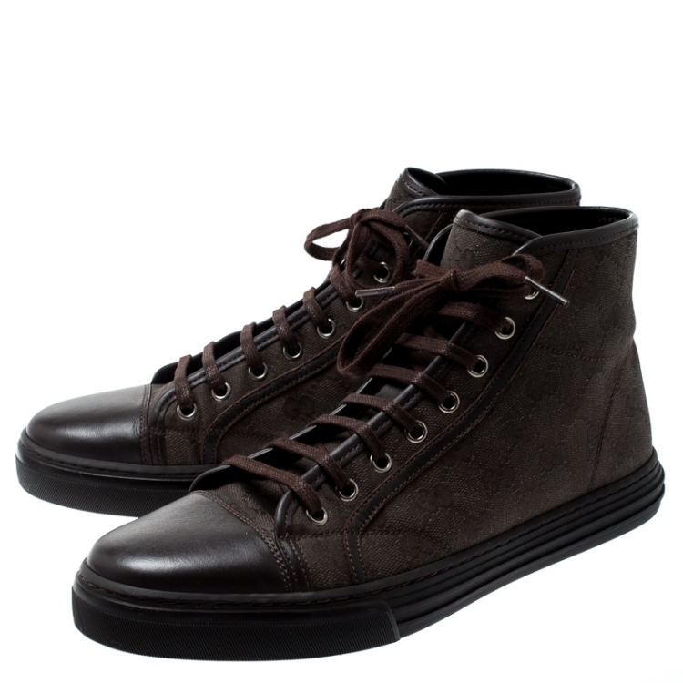 Pre Owned   Gucci Brown GG Canvas And Leather Lace Up High Top Sneakers Size 41.5