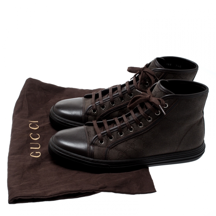 Pre Owned   Gucci Brown GG Canvas And Leather Lace Up High Top Sneakers Size 41.5
