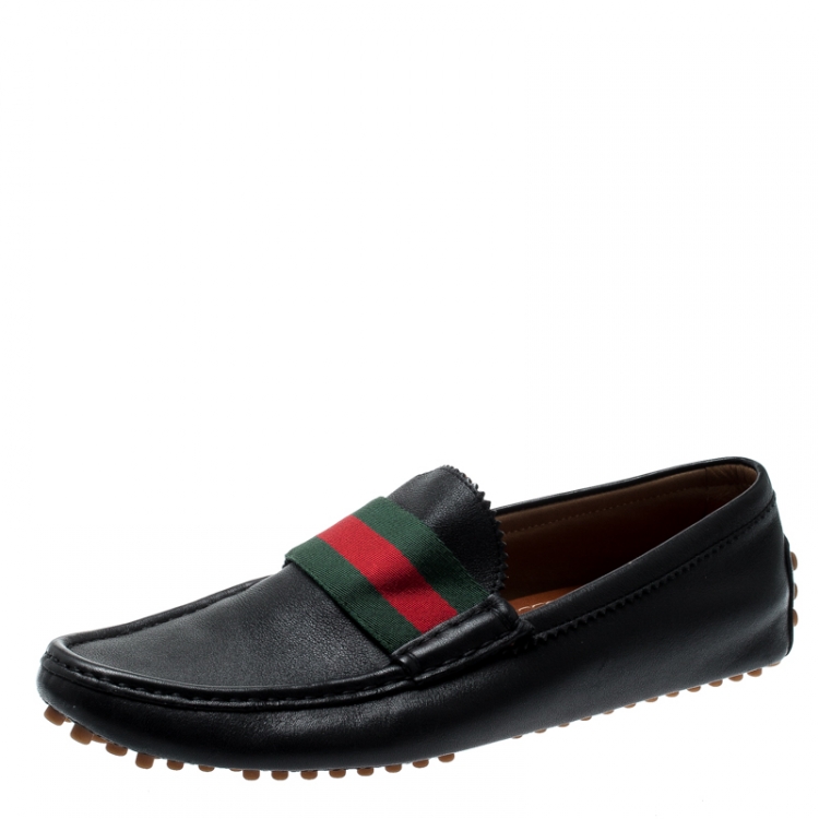 Pre Owned Gucci Black Leather Web Trim Loafers Size 41