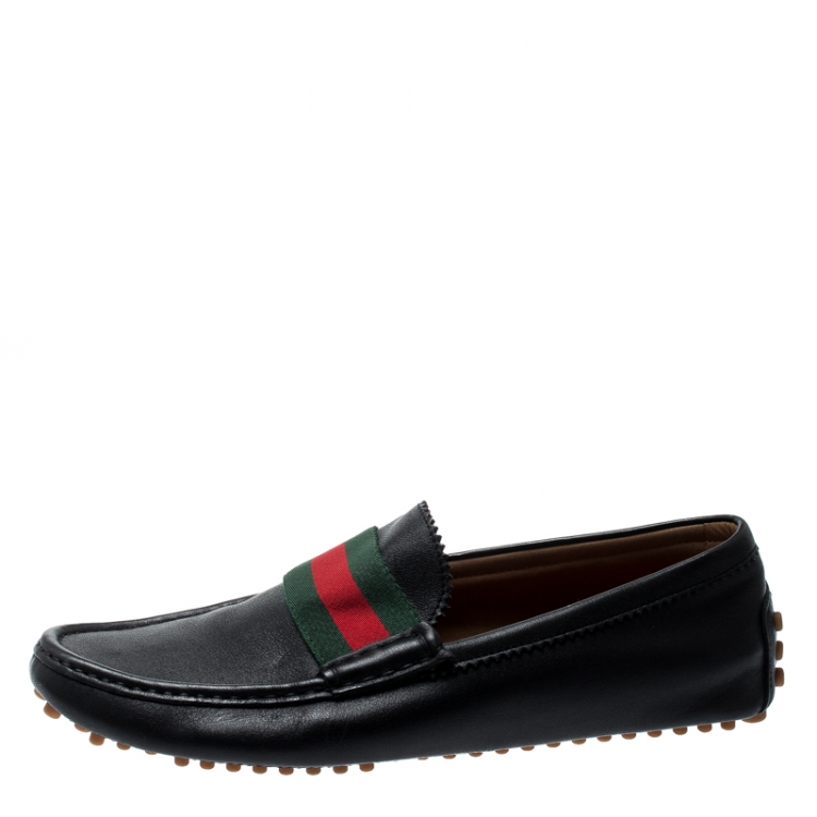 Pre Owned Gucci Black Leather Web Trim Loafers Size 41
