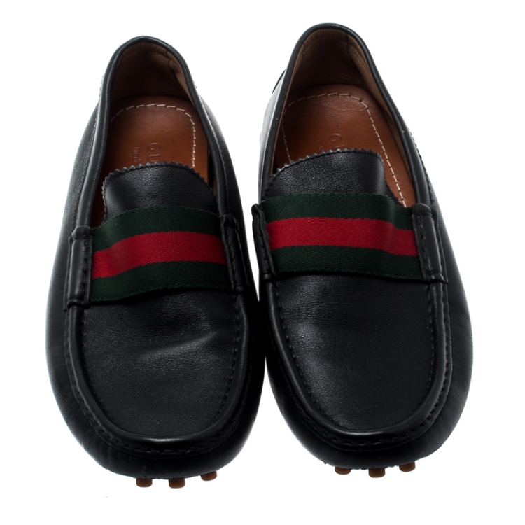 Pre Owned Gucci Black Leather Web Trim Loafers Size 41