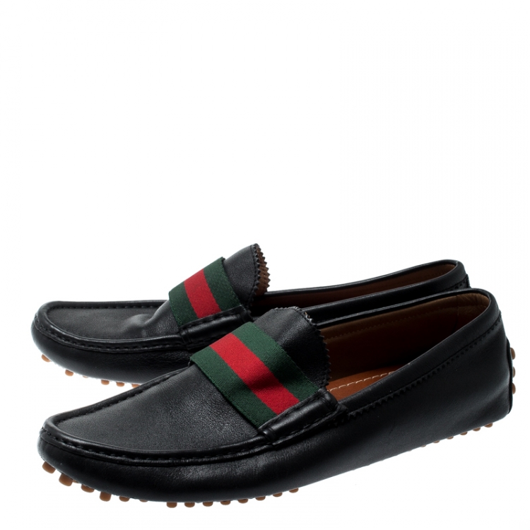 Pre Owned Gucci Black Leather Web Trim Loafers Size 41