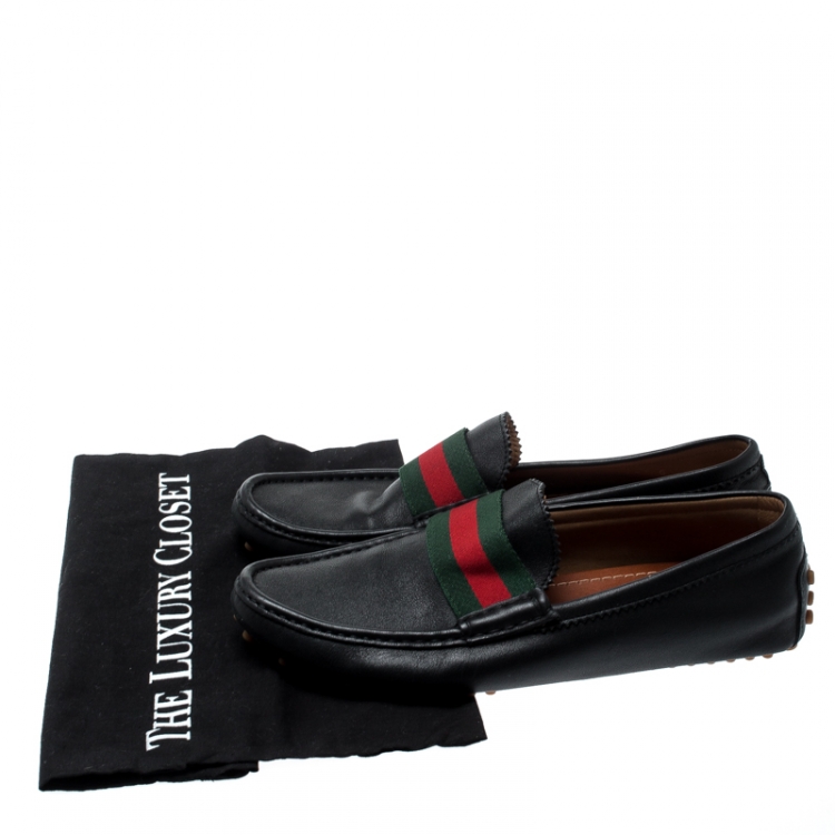 Pre Owned Gucci Black Leather Web Trim Loafers Size 41