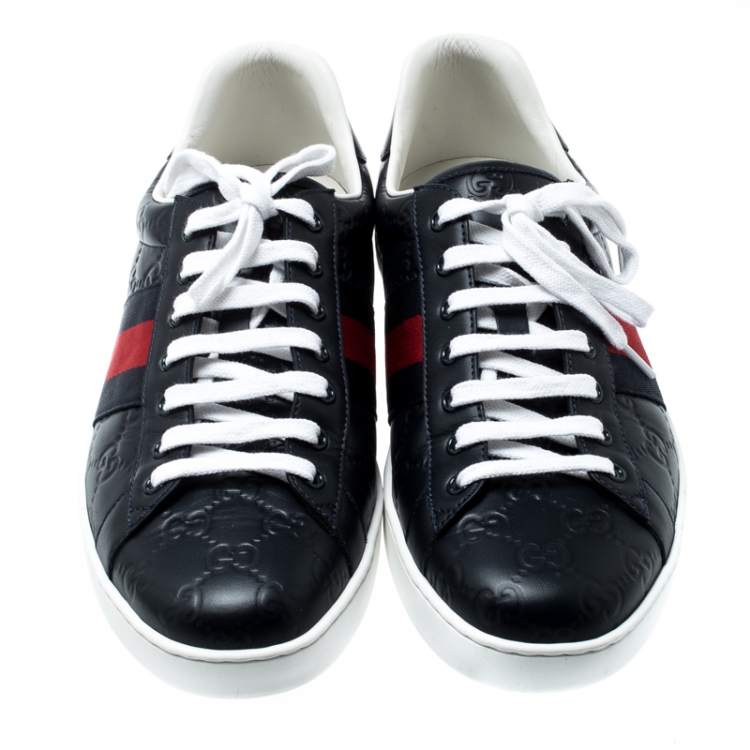 Pre Owned Gucci Blue Guccissima Leather Ace Low Top Sneakers Size 44