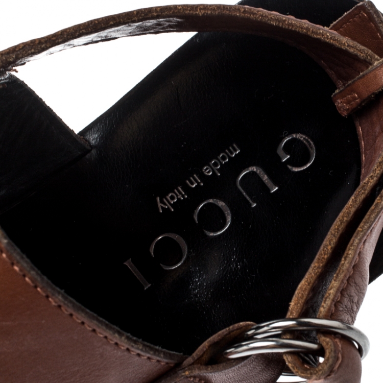 Pre Owned Gucci Brown Leather Ankle Strap Sandals Size 41