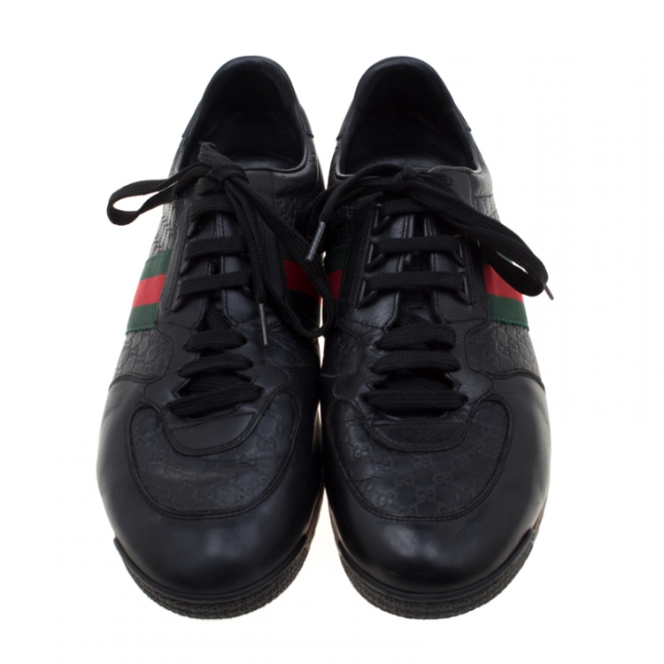 Pre Owned Gucci Black Micro Guccissima Leather Web Detail Lace Up Sneakers Size 43.5