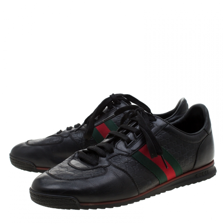 Pre Owned Gucci Black Micro Guccissima Leather Web Detail Lace Up Sneakers Size 43.5