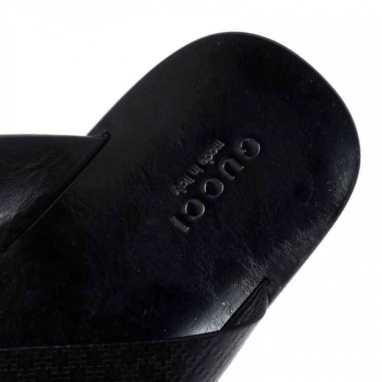 Pre Owned Gucci Black GG Diamante Leather Cross Strap Flat Slides Size 45