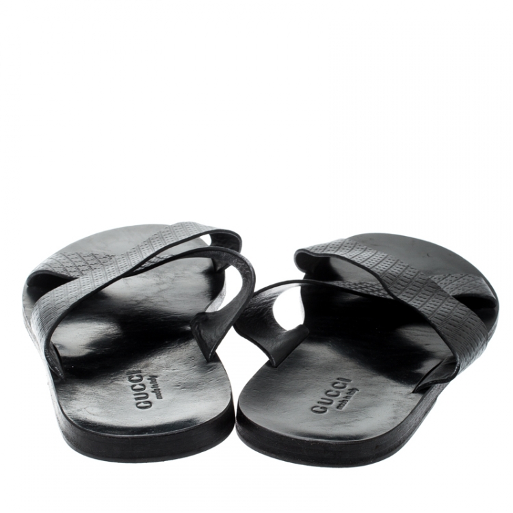 Pre Owned Gucci Black GG Diamante Leather Cross Strap Flat Slides Size 45