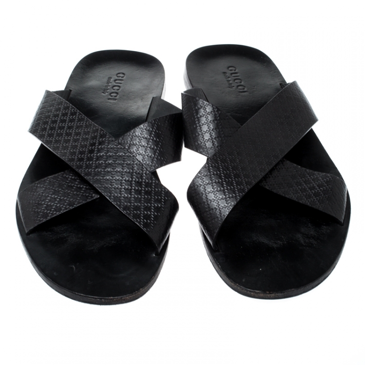 Pre Owned Gucci Black GG Diamante Leather Cross Strap Flat Slides Size 45
