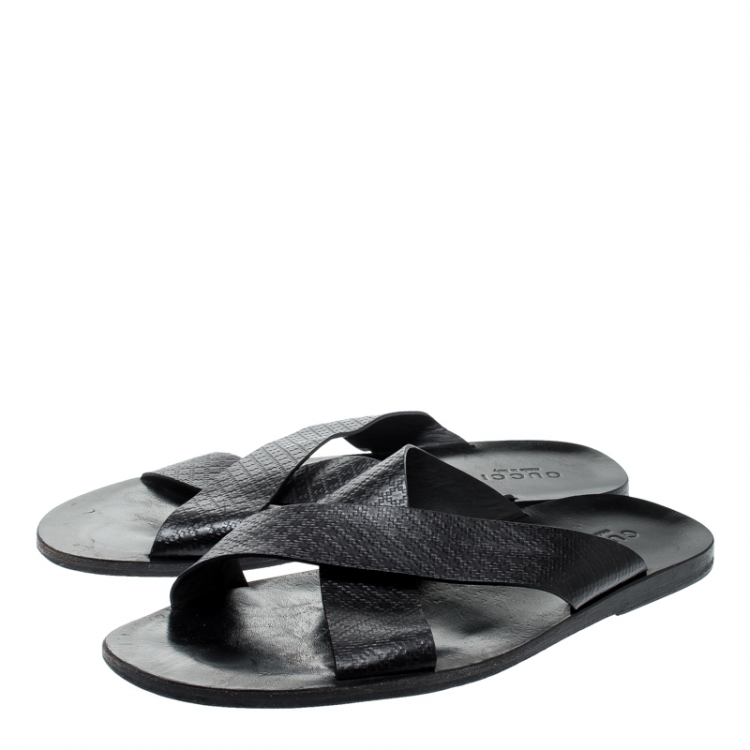 Pre Owned Gucci Black GG Diamante Leather Cross Strap Flat Slides Size 45