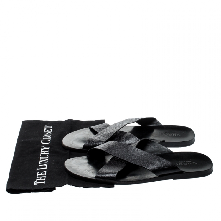 Pre Owned Gucci Black GG Diamante Leather Cross Strap Flat Slides Size 45