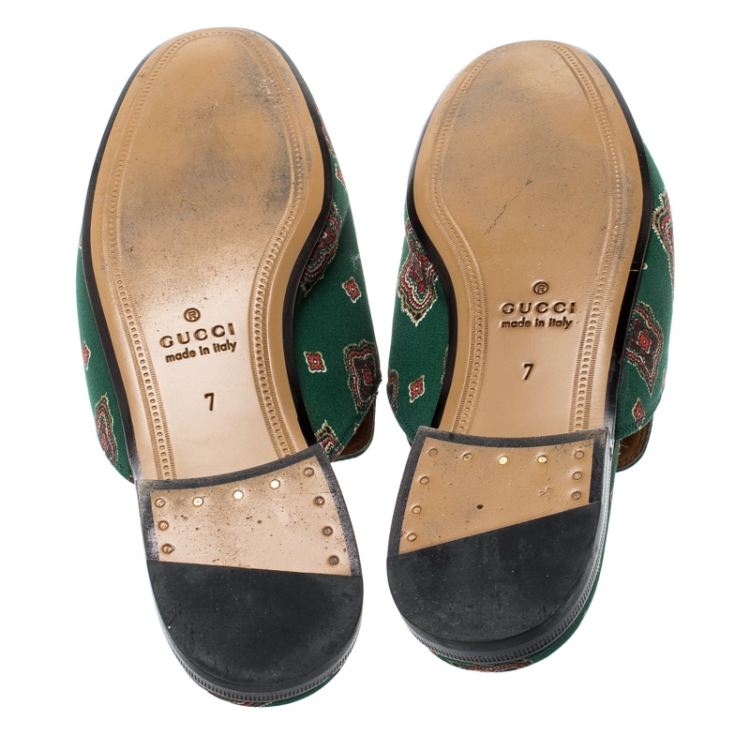 Pre Owned Gucci Green Printed Fabric Princetown Horsebit Mules Loafers Size 41