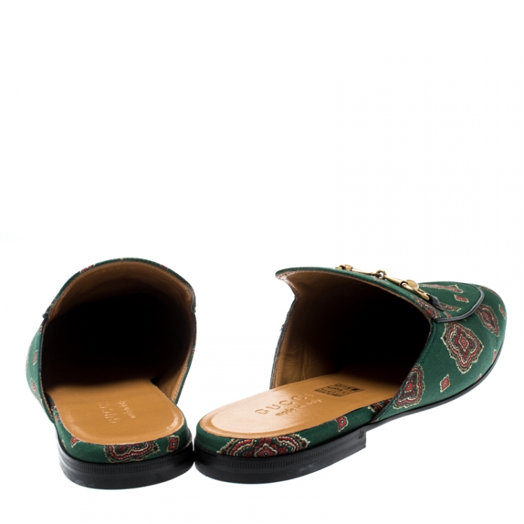Pre Owned Gucci Green Printed Fabric Princetown Horsebit Mules Loafers Size 41