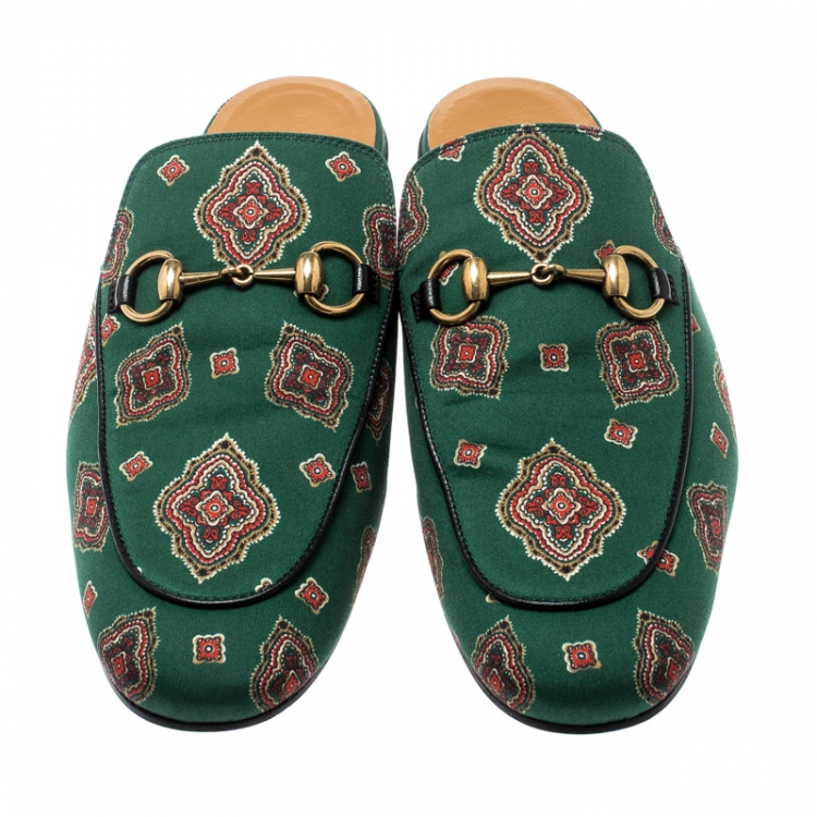 Pre Owned Gucci Green Printed Fabric Princetown Horsebit Mules Loafers Size 41
