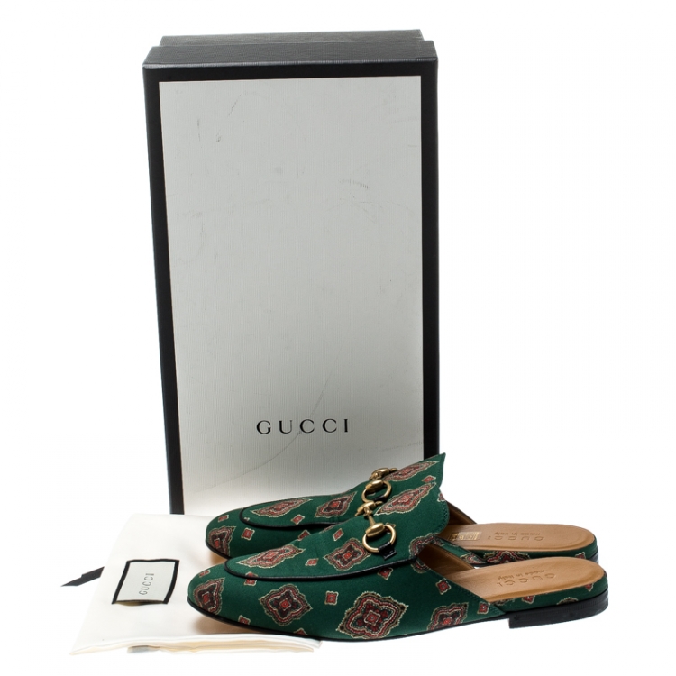 Pre Owned Gucci Green Printed Fabric Princetown Horsebit Mules Loafers Size 41