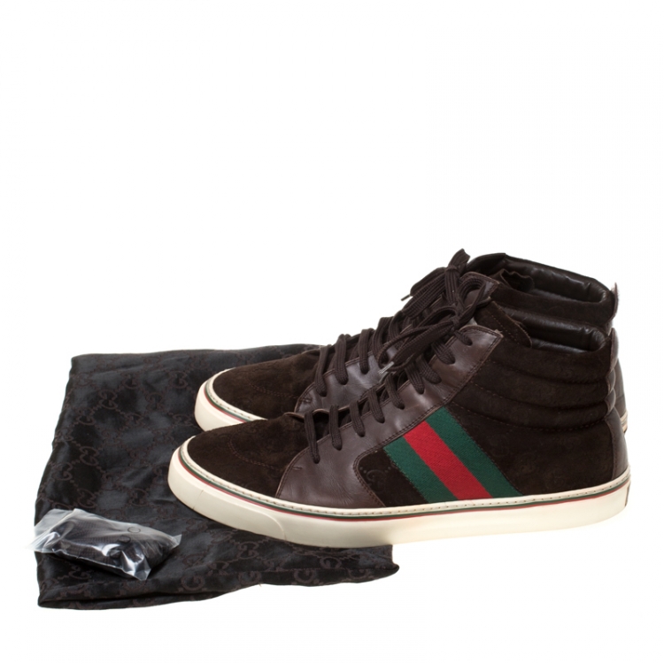 Pre Owned Gucci Brown GG Suede And Leather Web Detail High Top Sneakers Size 44