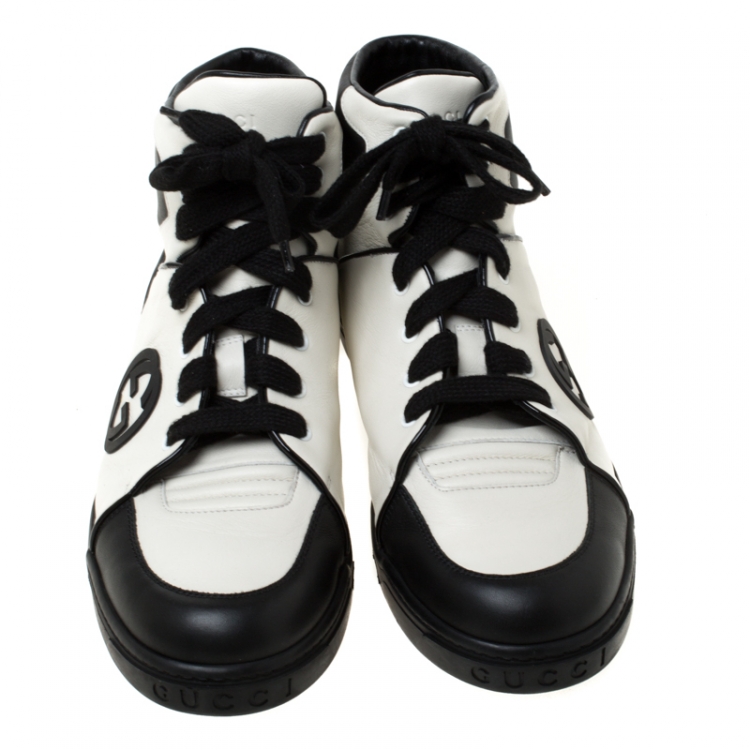 Pre Owned Gucci Black/White GG Interlocking Leather Lace Up High Top Sneakers Size 44.5