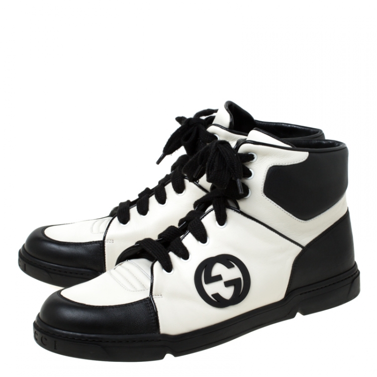 Pre Owned Gucci Black/White GG Interlocking Leather Lace Up High Top Sneakers Size 44.5